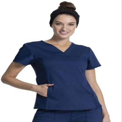 Cherokee V-Neck Knit Panel Scrub Top for Women Modern Classic Fit with Stretch Side Panels & Kangaroo Pocket Plus Size - WW2875, 4XL, Navy