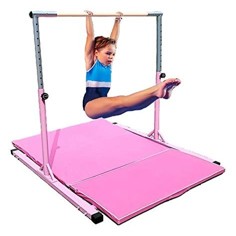 Pro-Gymnastics Adjustable Gymnastics Kip Bar Horizontal Bar - 6 FT x 4 FT Gym Tumble Mat - Junior Gymnastics Expandable Training Bar Height Adjustable Up to 5 FT - 13 Levels (Pink)