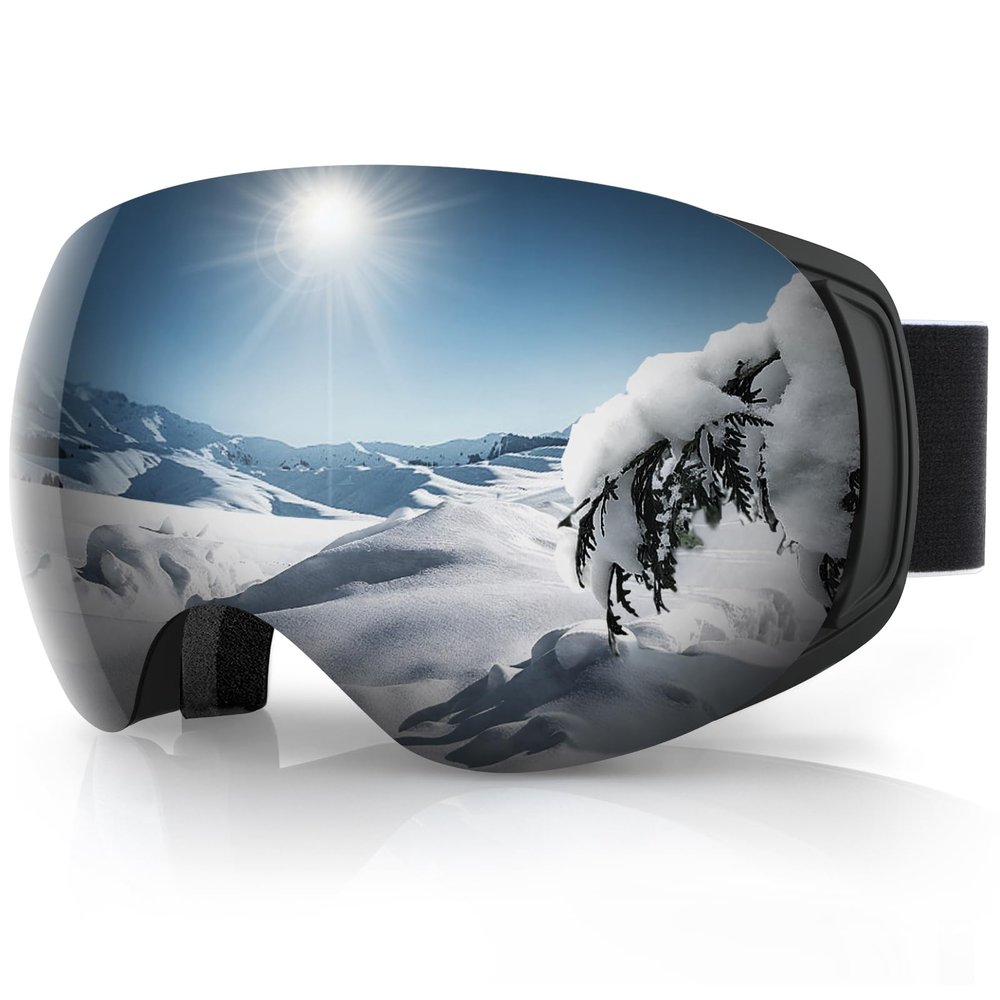 findway Ski Goggles, OTG Snowboard Goggles Magnet Interchangeable Lens Winter Snow Goggles Anti-Fog UV Protection Helmet Compatible for Men Women, Black Lens Goggle(vlt 6.8)