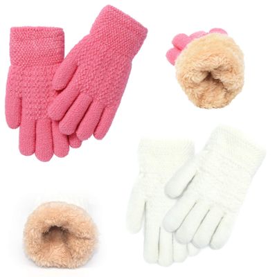 Winter Gloves for Boys Girls - Kids Warm Knit Thermal Cable Knitted Gloves White Pink Wool Fleece Lined Mittens for Cold Weather