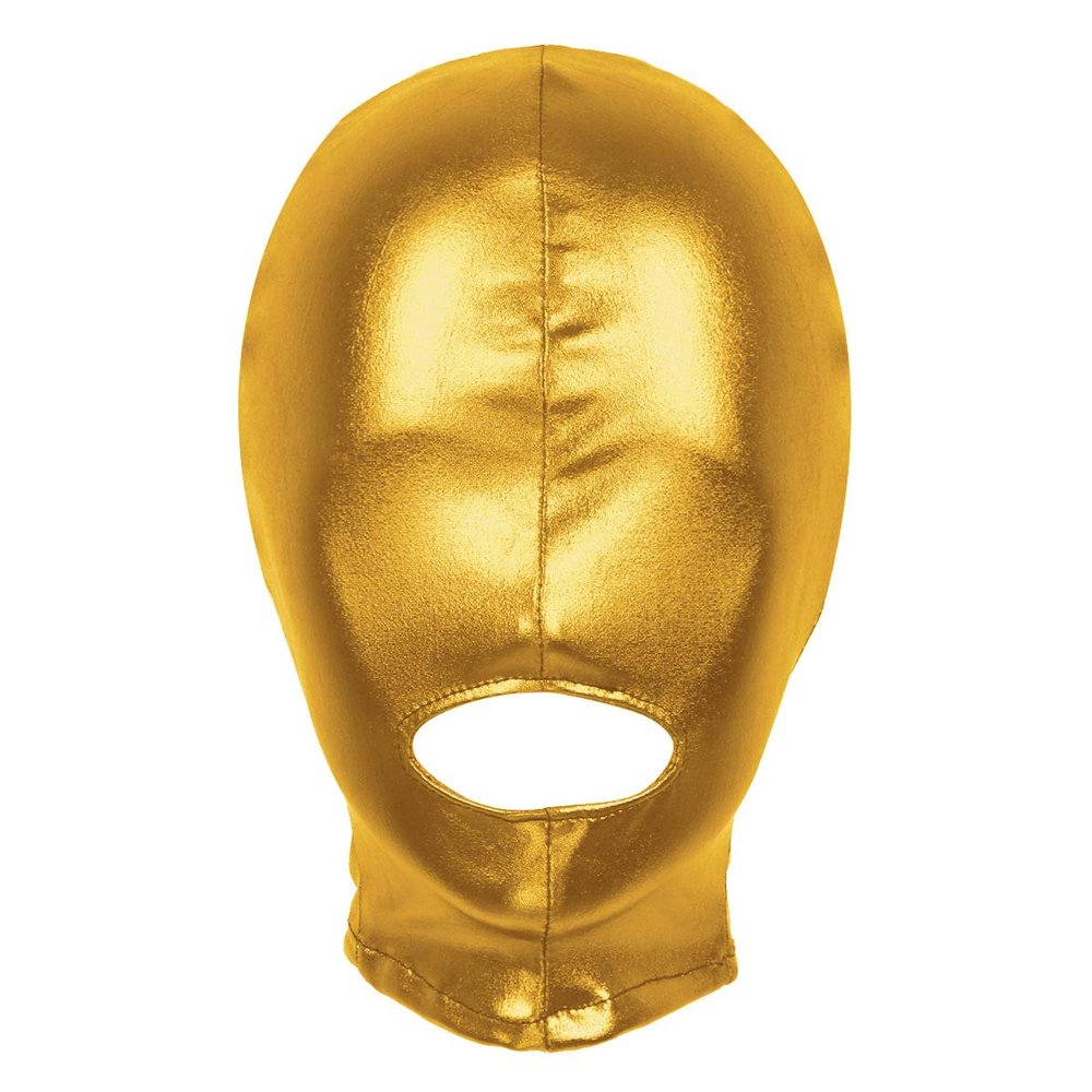 JEATHA Unisex Women Men's Wetlook Leather Full Face Mask Hood Open Mouth Headgear Hat for Halloween Party Gold One Size