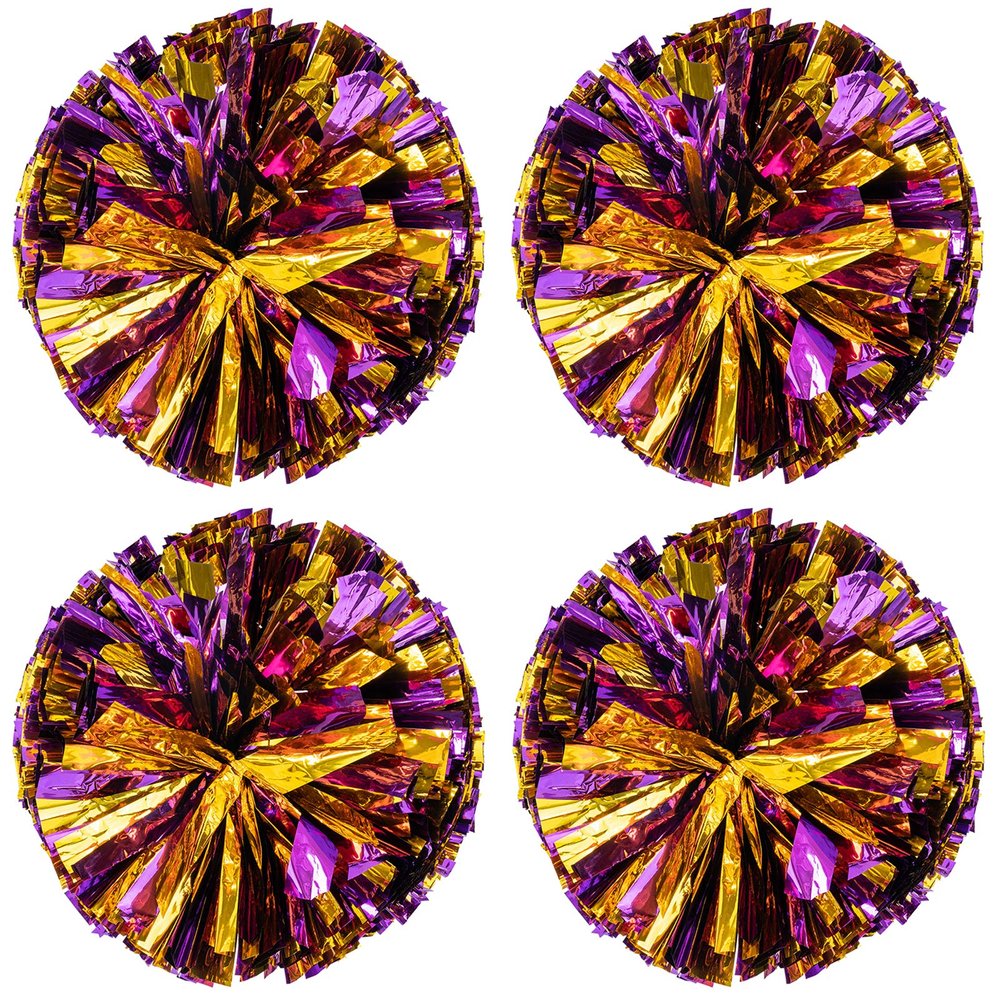 Ueerdand Pack of 4 Cheerleading Pom Poms Foil Plastic Metallic Cheerleader Pom Poms for Cheer Sport Kids Adults Team Spirit Cheering (Purple/Gold)