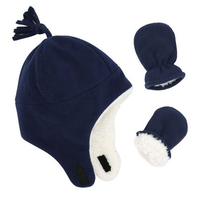 Baby Boy Sherpa Hats and Mittens Set Toddler Gloves Warm Fleece Winter Hat Baby Girl 01 Navy 6-12 Months