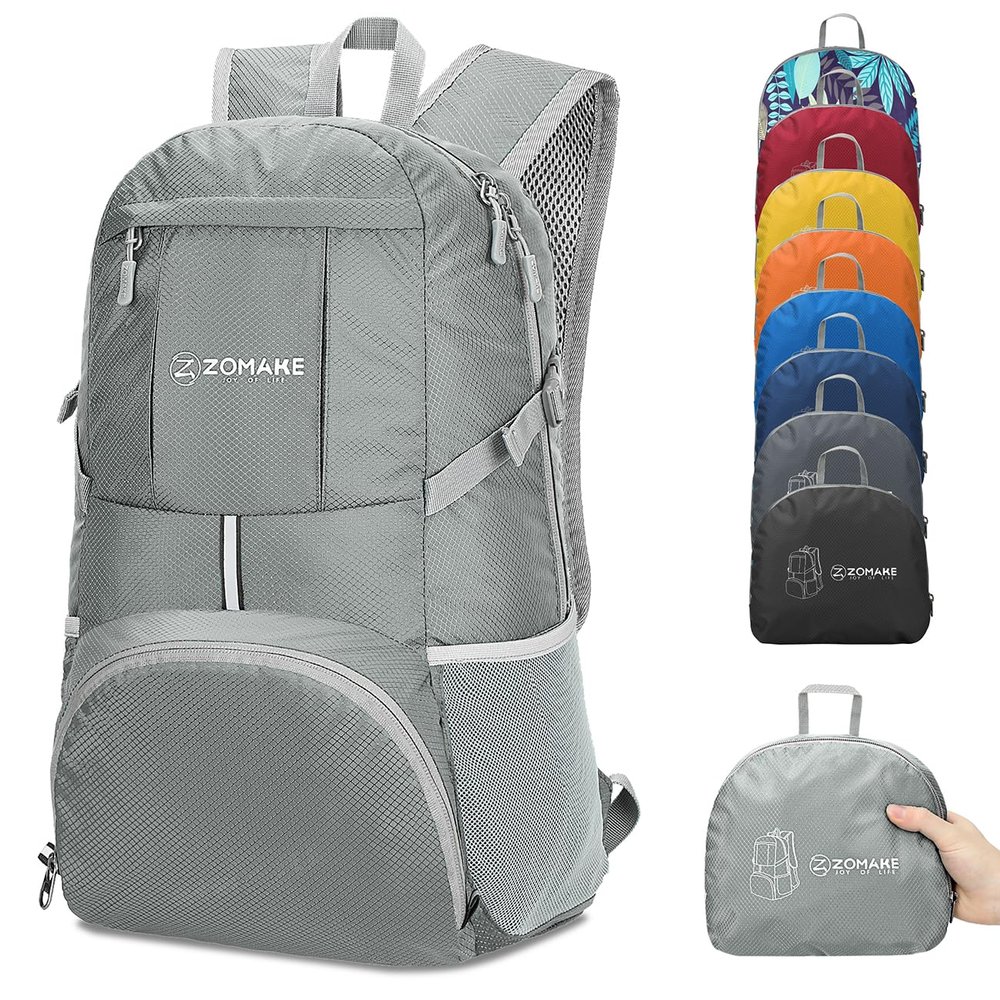 ZOMAKE Lightweight Packable Backpack 35L, Light Foldable Backpacks Water Resistant Collapsible Hiking Bag, Compact Folding Day Pack for Travel Camping(Sliver Grey)