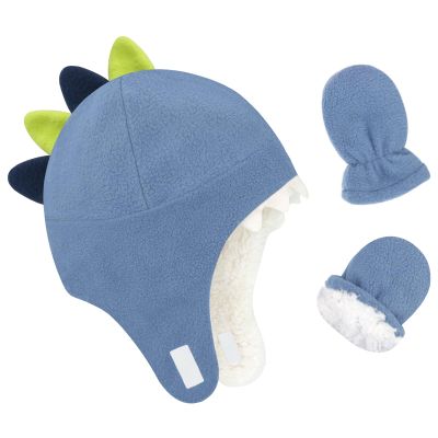 Baby Boy Sherpa Hats and Mittens Set Toddler Gloves Warm Fleece Winter Hat Baby Girl Dinosaur Blue 6-12 Months