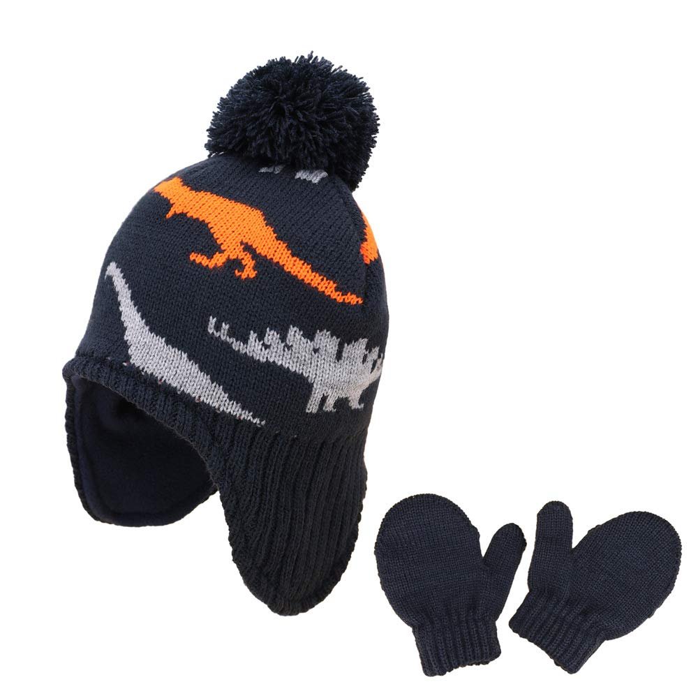 Hats and Gloves Set for Kids Toddler Baby Knit Earflap Beanie Winter Warm Fleece Kintting Cap for Boy Girl