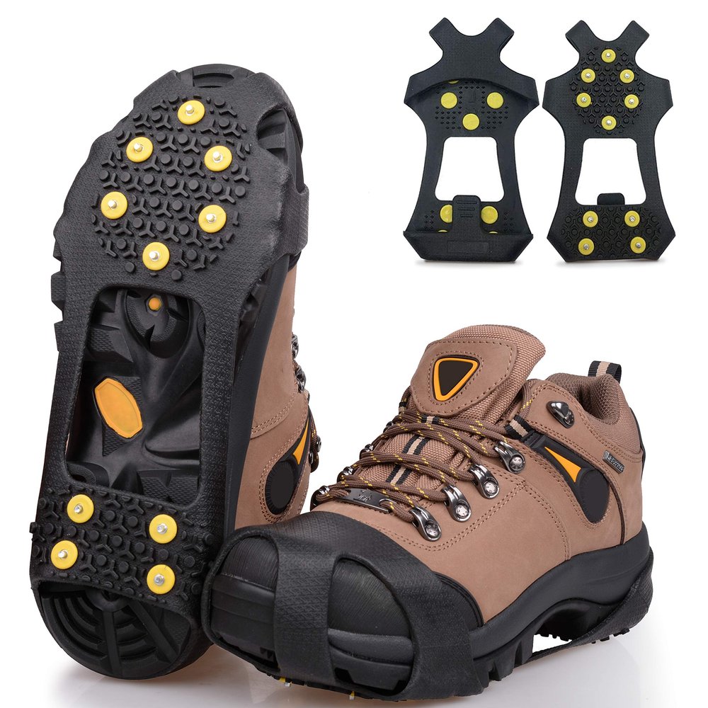 Ice Snow Cleats for Shoes Boots,Walk Traction Cleats Rubber Crampons Anti Slip 10-Stud Winter Ice Cleat Slip-on Stretch Footwear for Women Men Kids