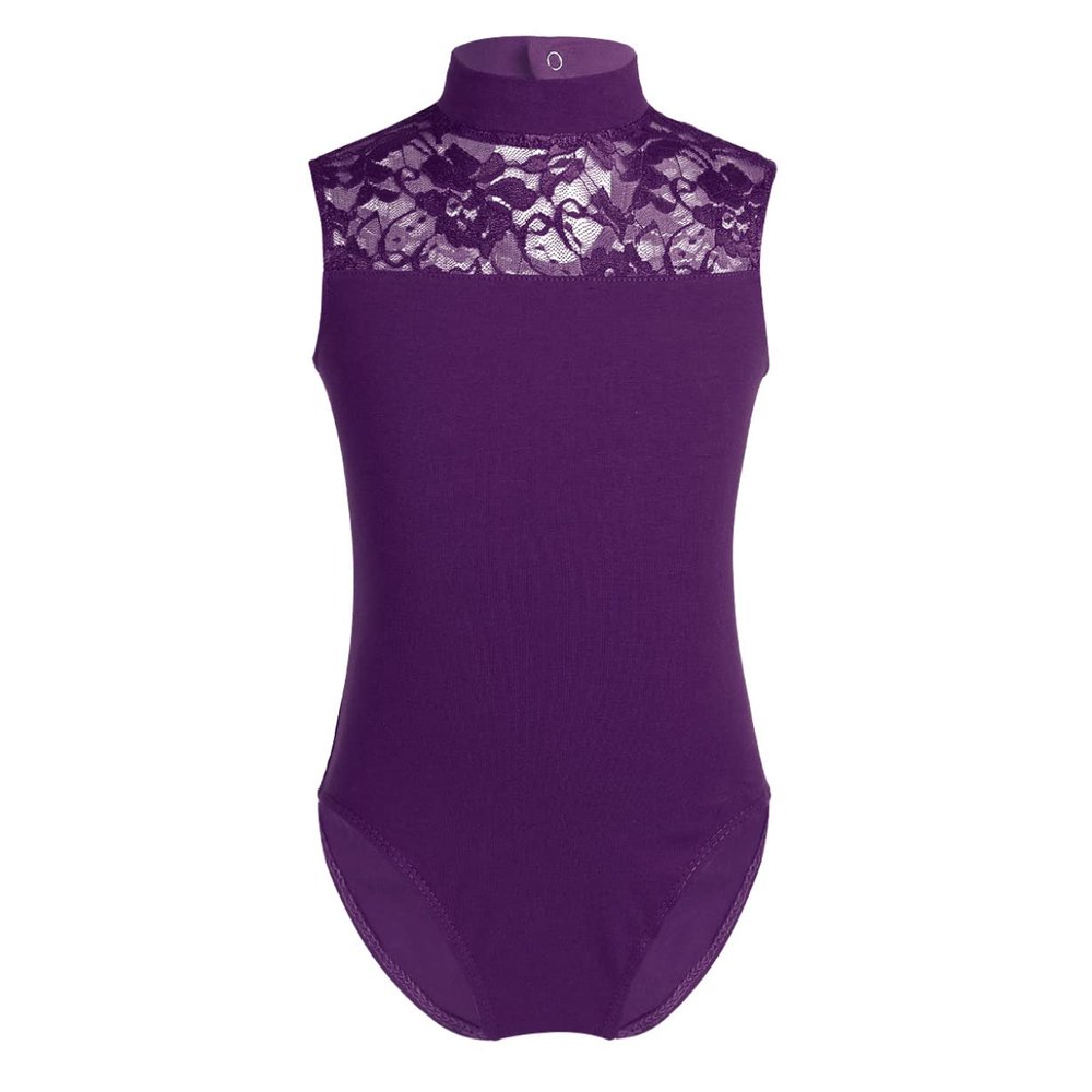 Freebily Kids Girls Basic One-Piece Unitard Gymnastics Leotard Sleeveless Lace Back Ballet Dance Bodysuit Yoga Dancewear Purple (Lace) 7-8 Years