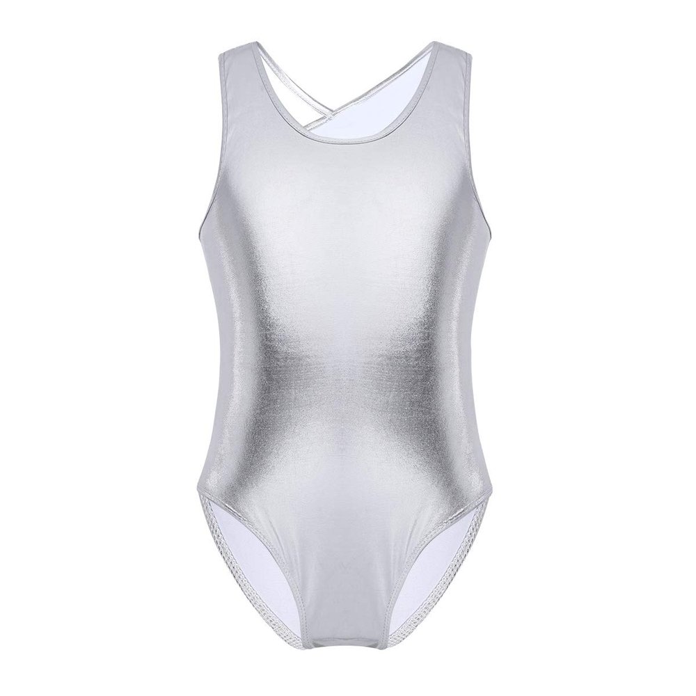 dPois Kids Girls' Shiny Metallic Camisole Tank Tops Ballet Gymnastics Leotard Dance Unitard Bodysuit Dancewear Silver 7-8