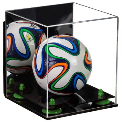 Better Display Cases Acrylic Mini - Miniature (not Full Size) Soccer Ball Display Case with Mirror Case, Green Risers, Black Base and Wall Mount (B03)