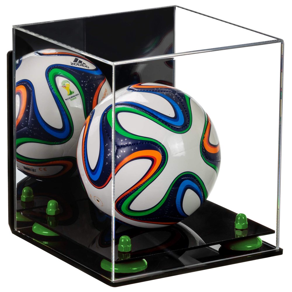 Better Display Cases Acrylic Mini - Miniature (not Full Size) Soccer Ball Display Case with Mirror Case, Green Risers, Black Base and Wall Mount (B03)