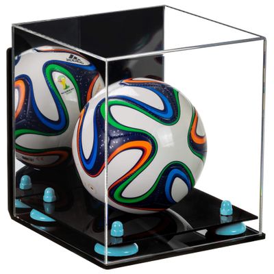 Better Display Cases Acrylic Mini - Miniature (not Full Size) Soccer Ball Display Case with Mirror Case, Light Blue Risers, Black Base and Wall Mount (B03)