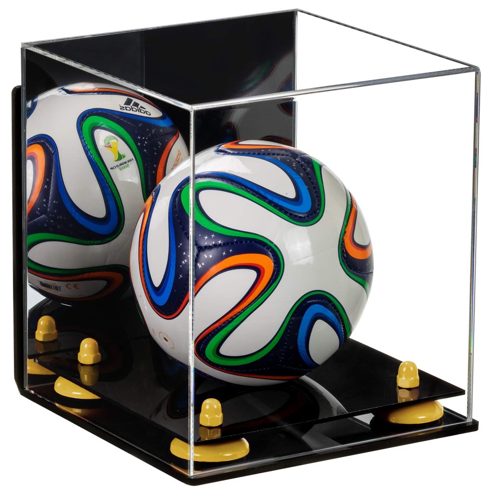 Better Display Cases Acrylic Mini - Miniature (not Full Size) Soccer Ball Display Case with Mirror Case, Yellow Risers, Black Base and Wall Mount (B03)