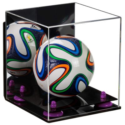 Better Display Cases Acrylic Mini Soccer Ball Display Case with Mirror Case, Soccer Ball Stand with Purple Risers & Black Base, Miniature Display Case 7.63" L x 7.63" W x 8.5" H. (B03)