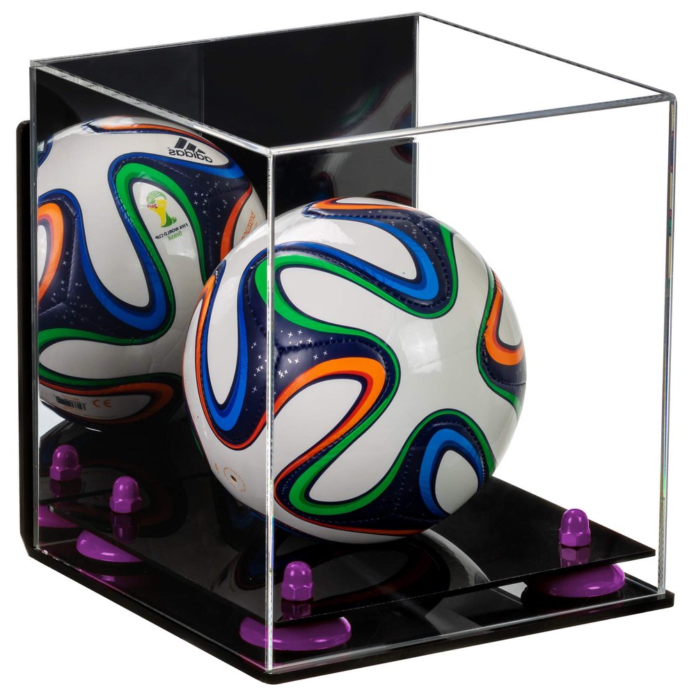 Better Display Cases Acrylic Mini Soccer Ball Display Case with Mirror Case, Soccer Ball Stand with Purple Risers & Black Base, Miniature Display Case 7.63" L x 7.63" W x 8.5" H. (B03)