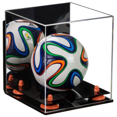 Better Display Cases Acrylic Mini - Miniature (not Full Size) Soccer Ball Display Case with Mirror Case, Orange Risers, Black Base and Wall Mount (B03)
