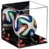 Better Display Cases Acrylic Mini - Miniature (not Full Size) Soccer Ball Display Case with Mirror Case, Orange Risers, Black Base and Wall Mount (B03) view 1