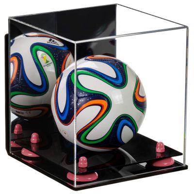 Better Display Cases Acrylic Mini - Miniature (not Full Size) Soccer Ball Display Case with Mirror Case, Pink Risers, Black Base and Wall Mount (B03)