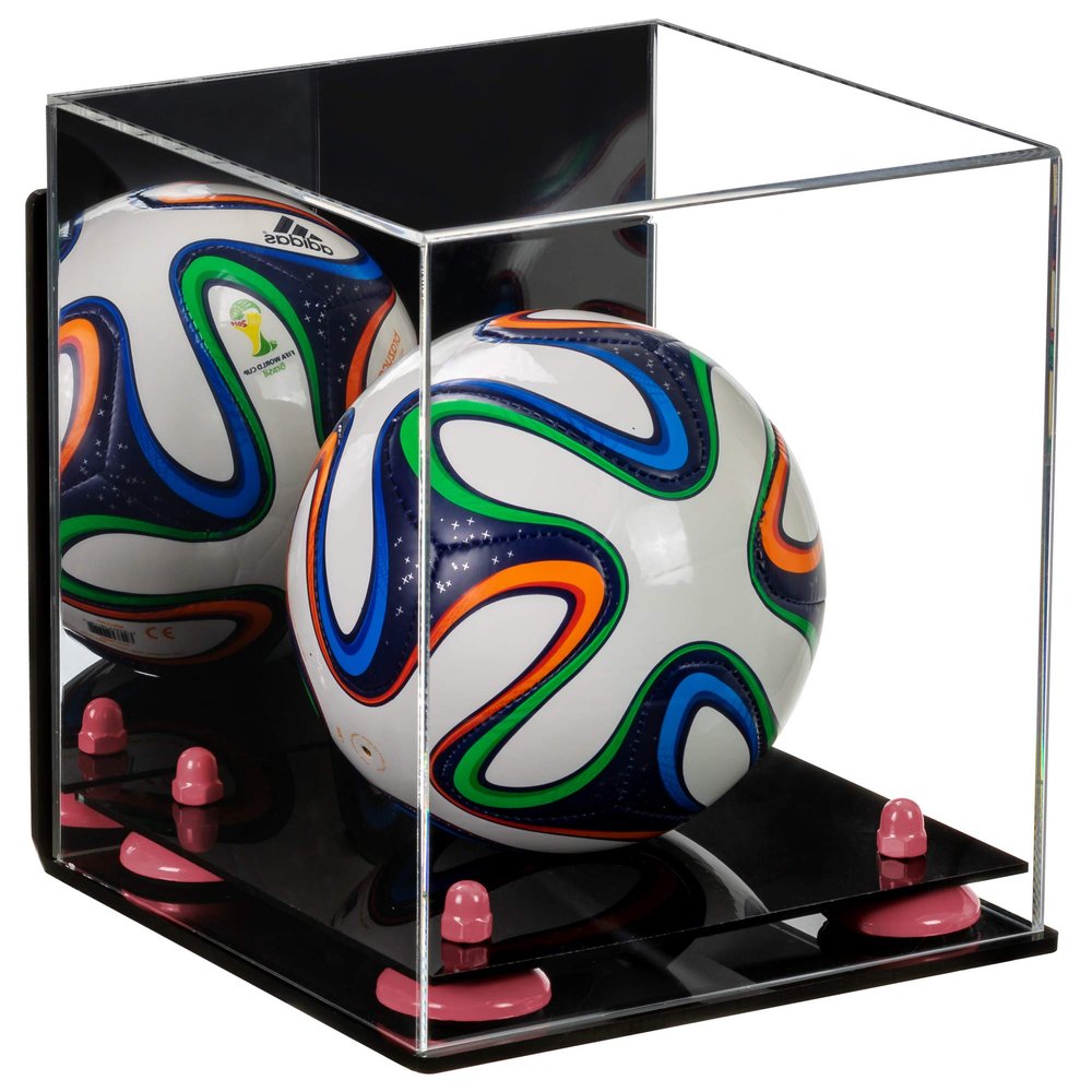 Better Display Cases Acrylic Mini - Miniature (not Full Size) Soccer Ball Display Case with Mirror Case, Pink Risers, Black Base and Wall Mount (B03)