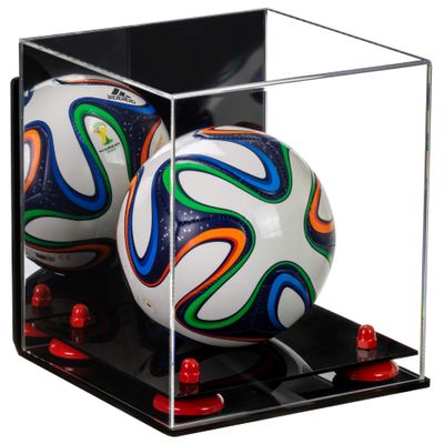 Better Display Cases Acrylic Mini - Miniature (not Full Size) Soccer Ball Display Case with Mirror Case, Red Risers, Black Base and Wall Mount (B03)