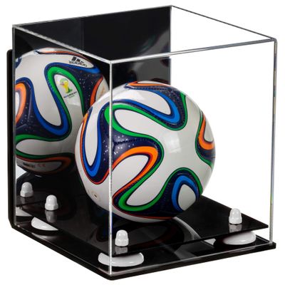 Better Display Cases Acrylic Mini - Miniature (not Full Size) Soccer Ball Display Case with Mirror Case, White Risers, Black Base and Wall Mount (B03)