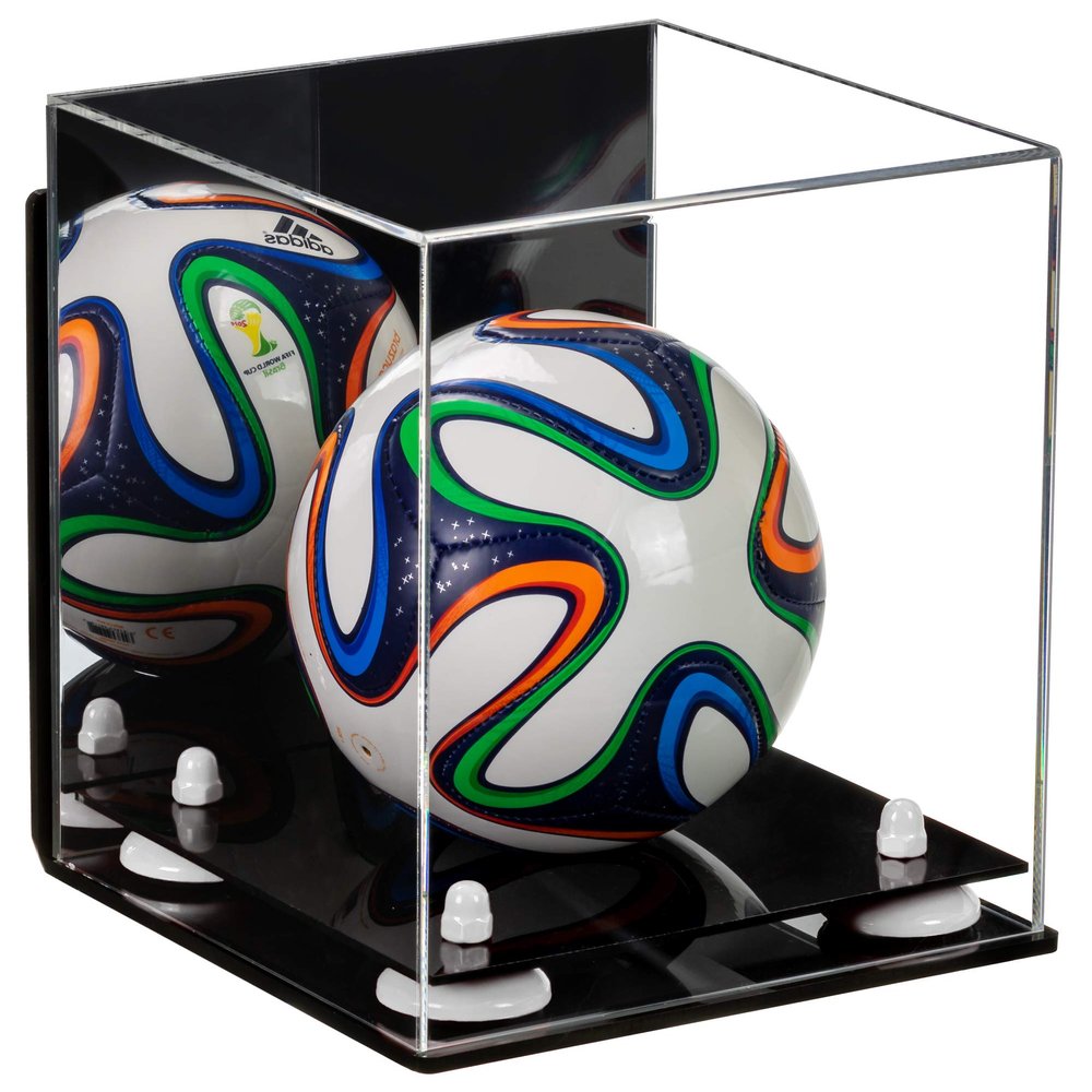 Better Display Cases Acrylic Mini - Miniature (not Full Size) Soccer Ball Display Case with Mirror Case, White Risers, Black Base and Wall Mount (B03)