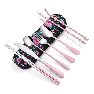 Travel Utensils,Reusable Silverware Set To Go Portable Cutlery Set with a Waterproof Carrying Case for Lunch Boxes Workplace Camping Picnic (GraPink)