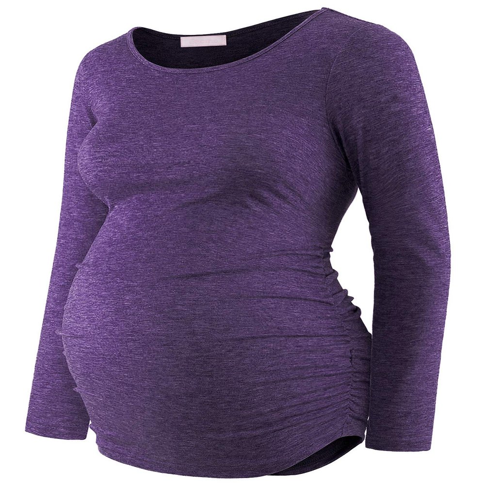 Maternity Shirt Long Sleeve Basic Top Ruch Sides Bodycon Tshirt for Pregnant Women Dark Purple S