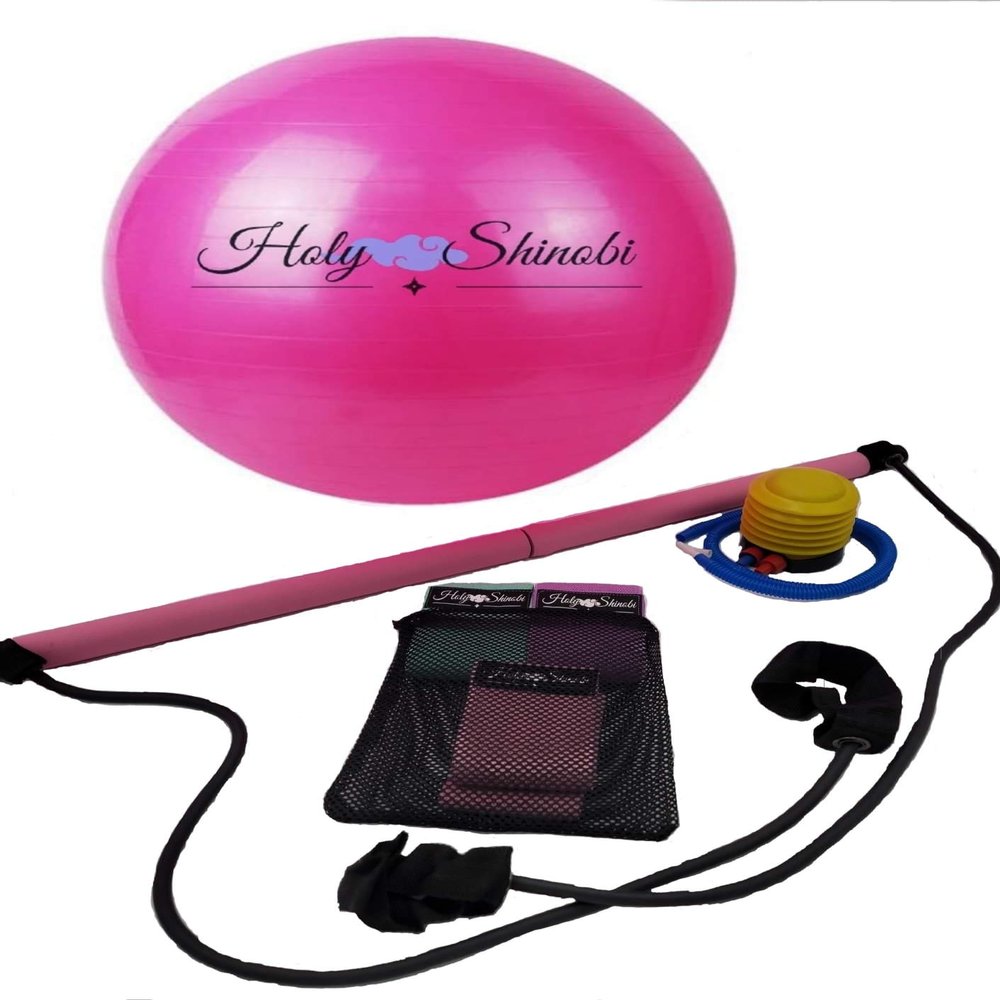 Pilates Bar Kit- Exercise Ball- Fabric Resistance Band  Toning Bar-Yoga Ball  Booty Band-Pilates bar kit with Resistance Bands- Stability Ball  Resistance Band for Legs and Butt (Pink)