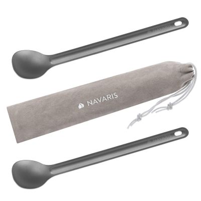 Navaris Long Handle Titanium Spoons (Set of 2) - 8.4" (21.5cm) Long Metal Spoon Set for Backpacking and Camping - Strong Ultra Lightweight Cutlery