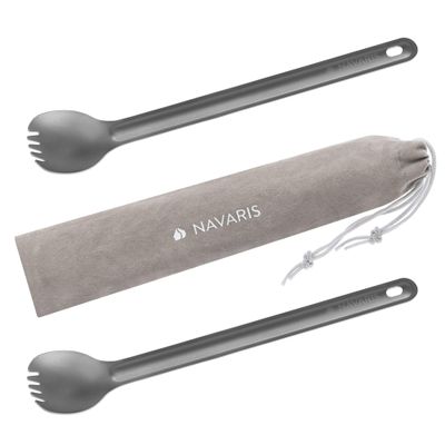 Navaris Long Handle Titanium Sporks (Set of 2) - 8.4" (21.5cm) Long Metal Spork Set for Backpacking and Camping - Strong Ultra Lightweight Cutlery