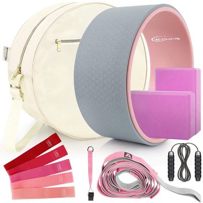 Yoga Wheel Set (11-in-1), Back Roller Wheel & Blocks 2 Pack with Strap for Back Pain, Resistance Bands, Perfect Yoga Accessory Starter Kit for Beginner Stretching, Improving Backbends-Grey