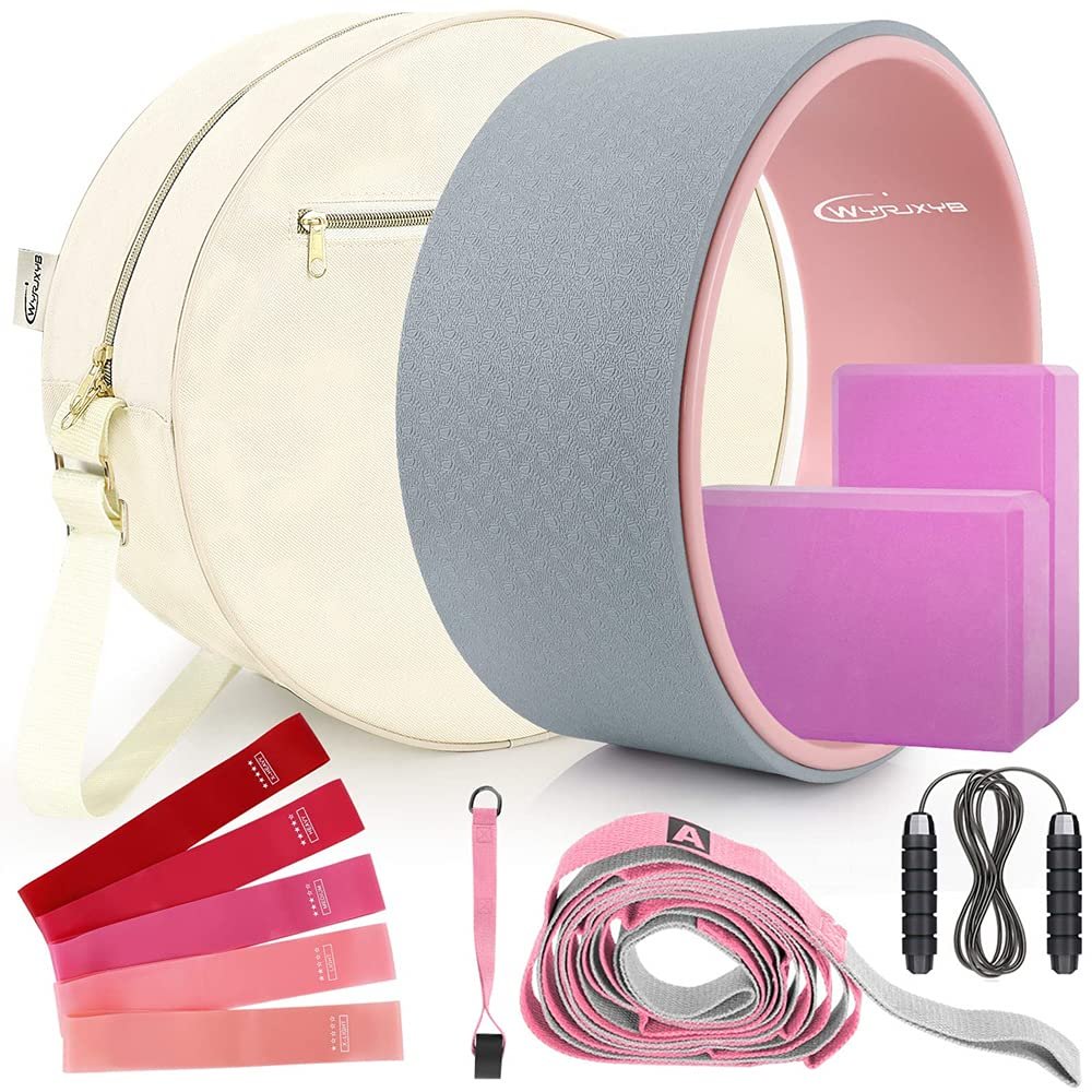 Yoga Wheel Set (11-in-1), Back Roller Wheel & Blocks 2 Pack with Strap for Back Pain, Resistance Bands, Perfect Yoga Accessory Starter Kit for Beginner Stretching, Improving Backbends-Grey