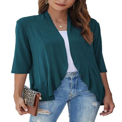 Bluetime Women Casual Lightweight Open Front Cardigans Soft Draped Ruffles 3/4 Sleeve Cardigan (S, Teal Blue)