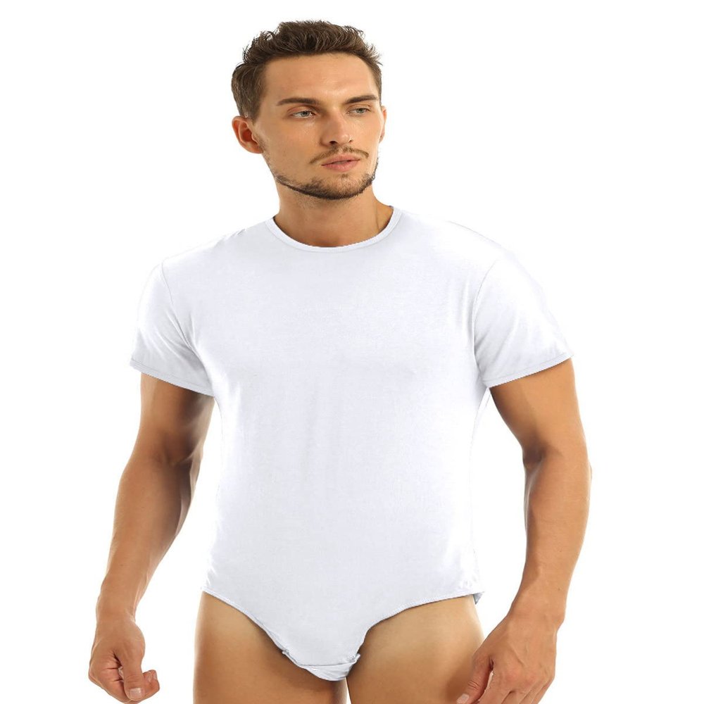 JEEYJOO Men's Solid One-Piece Press Button Crotch Leotard T-Shirts Bodysuit Pajamas White Type A Medium