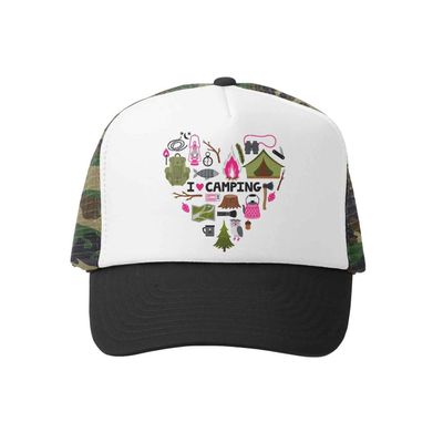 Grom Squad Kids Trucker Hat - Mesh Adjustable Baseball Cap for Boys & Girls - Baby, Infant, Toddler, School-Age Sizes (5-10yrs (Super), I Love Camping (Camo)