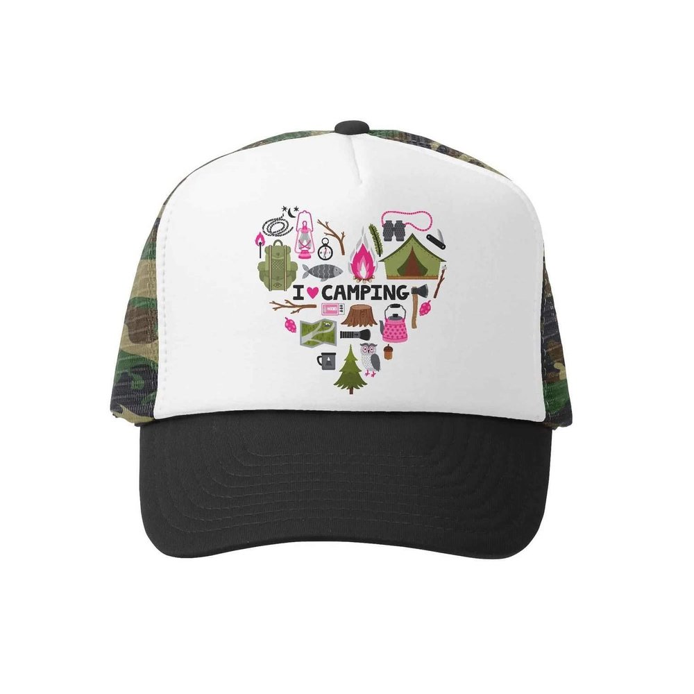 Grom Squad Kids Trucker Hat - Mesh Adjustable Baseball Cap for Boys & Girls - Baby, Infant, Toddler, School-Age Sizes (5-10yrs (Super), I Love Camping (Camo)