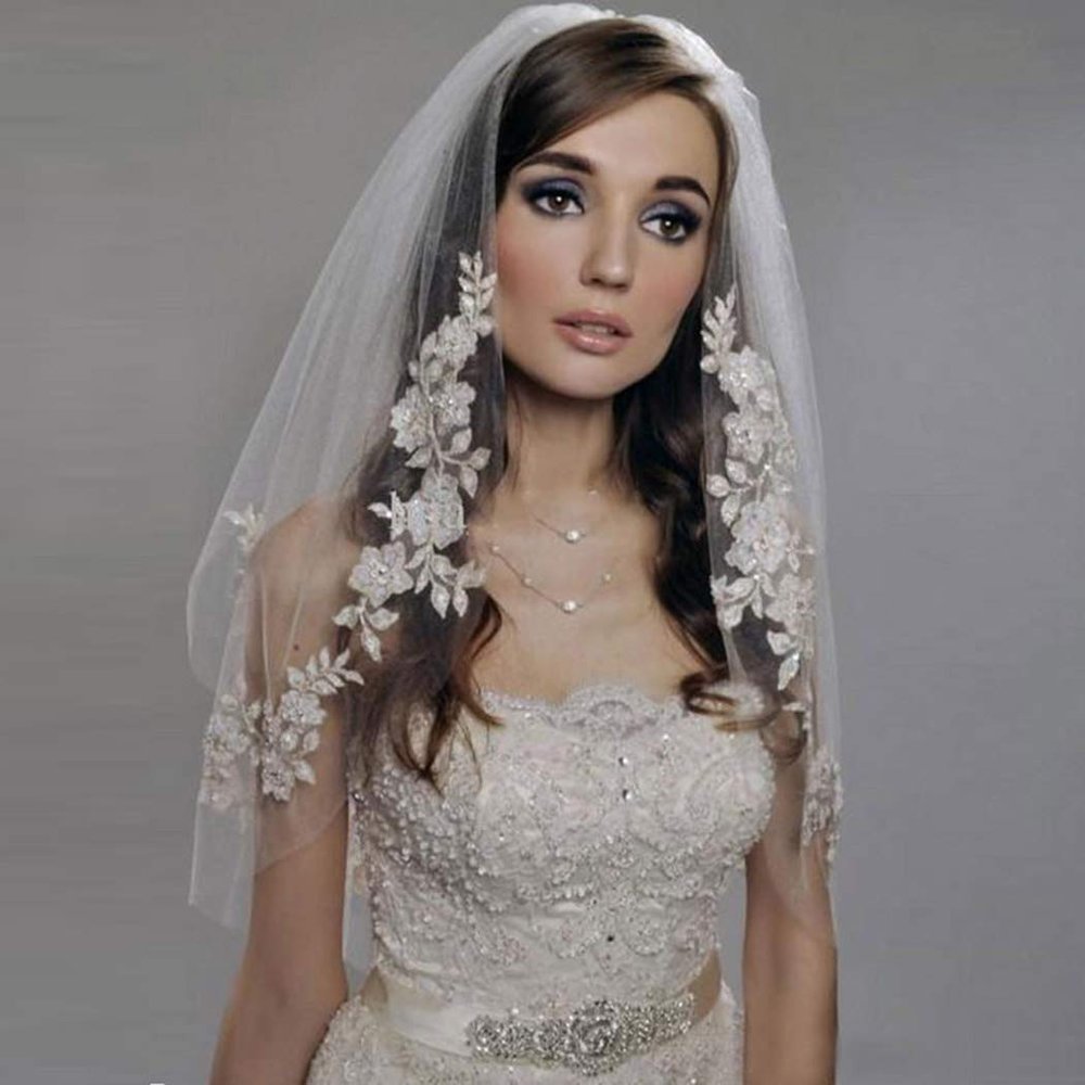 Acenail Lace Bride Veil Women s White Short Bridal Veil 2T Tulle Veil with Metal Comb Wedding Veils for Brides (Ivory)