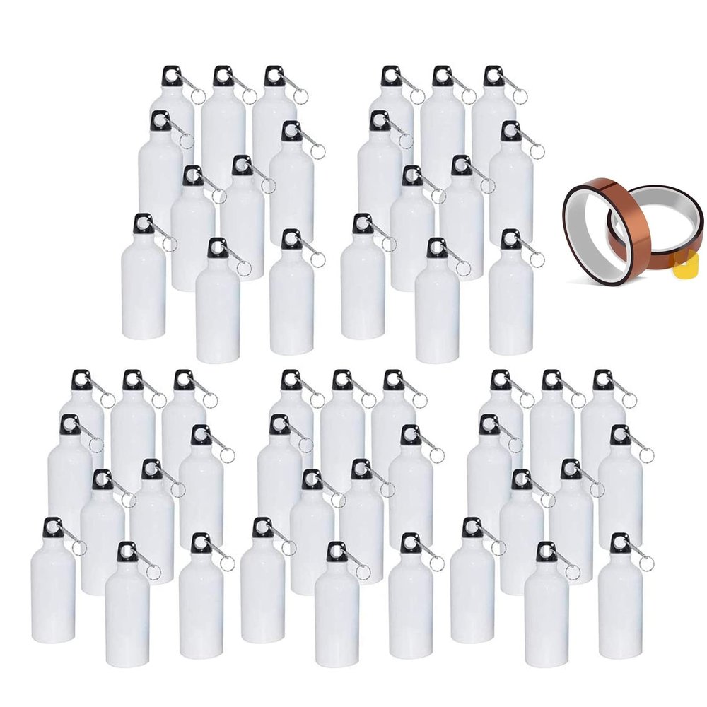TECHTONGDA 50pcs 600ml Sublimation Aluminum Water Bottles Sports Water Bottle, Blank Coated Bottles with Safe Lock and 2 Rolls Heat Tape for Sublimation Heat Press Transfer Printing