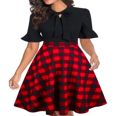 Christmas Dresses for Women Holiday 2026 Red Buffalo Plaid Fit and Flare A Line Vintage Church Business Office Professional Work Dress L