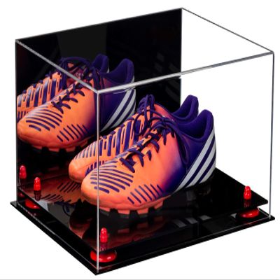 Better Display Cases Acrylic Shoe Pair Display Case for Soccer Cleats Football Cleats with Mirror, Red Risers and Black Base (A026/V12)