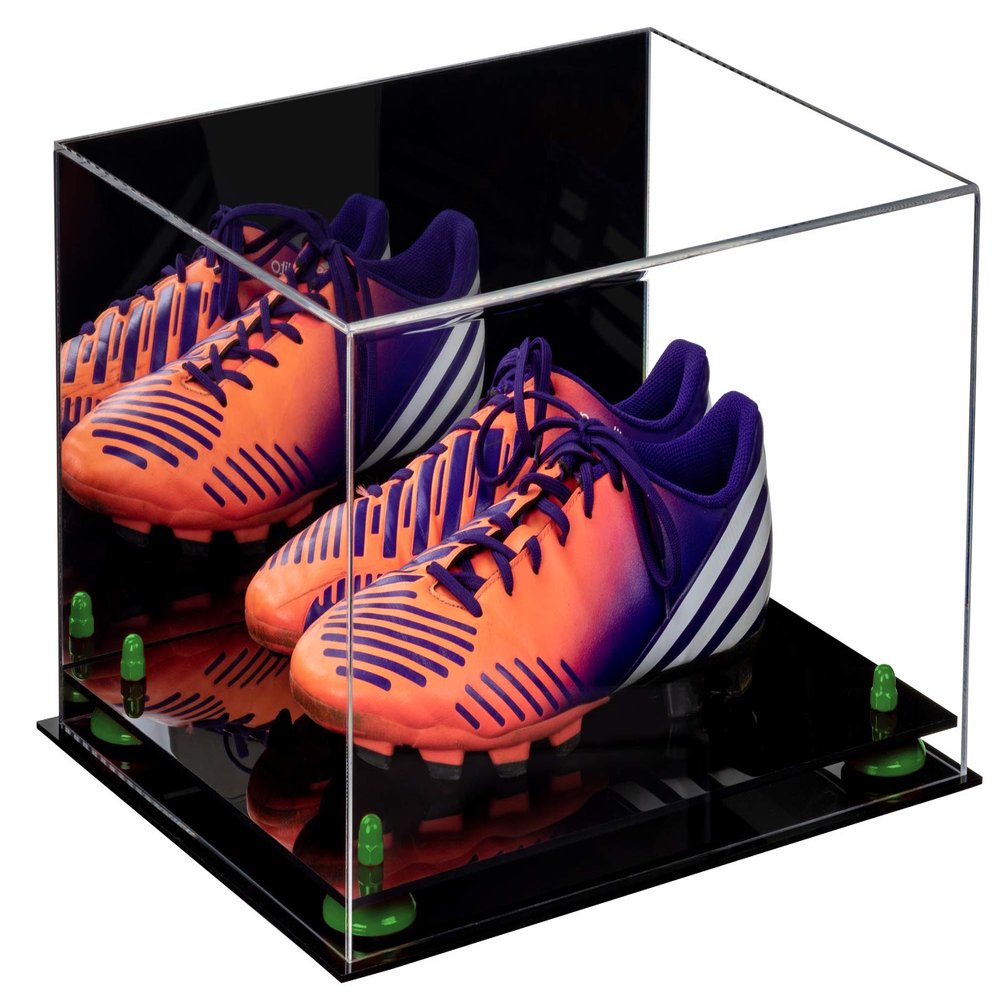 Better Display Cases Acrylic Shoe Pair Display Case for Soccer Cleats Football Cleats with Mirror, Green Risers and Black Base (A026/V12)