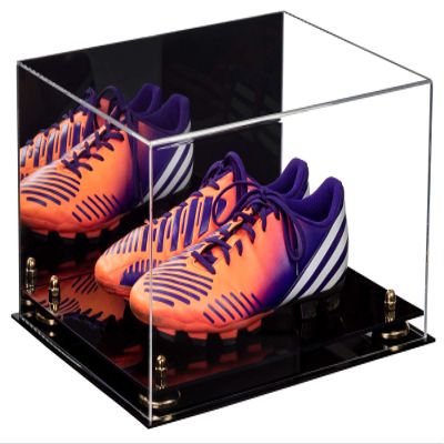 Better Display Cases Acrylic Shoe Pair Display Case for Soccer Cleats Football Cleats with Mirror, Gold Risers and Black Base (A026/V12)