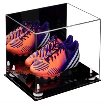 Better Display Cases Acrylic Shoe Pair Display Case for Soccer Cleats Football Cleats with Mirror, White Risers and Black Base (A026/V12)