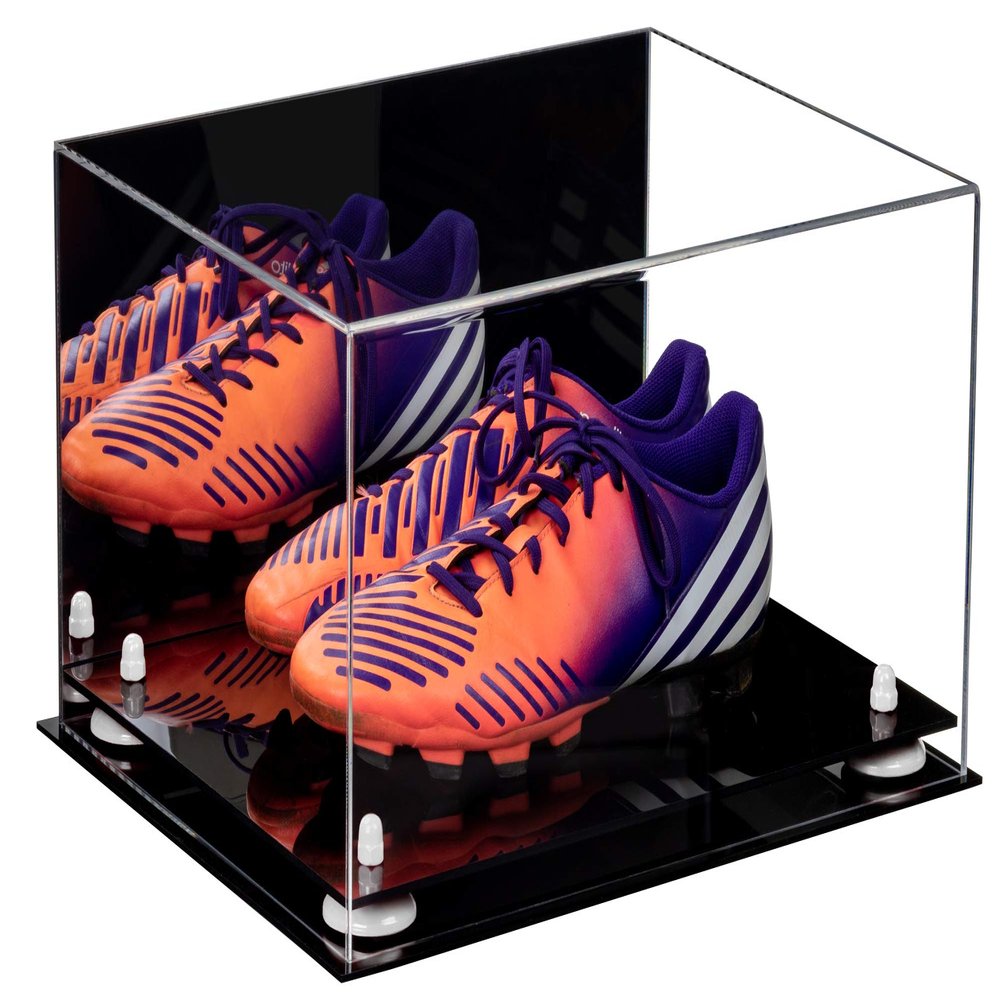 Better Display Cases Acrylic Shoe Pair Display Case for Soccer Cleats Football Cleats with Mirror, White Risers and Black Base (A026/V12)