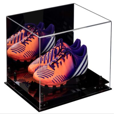 Better Display Cases Acrylic Shoe Pair Display Case for Soccer Cleats Football Cleats with Mirror, Black Risers and Black Base (A026/V12)