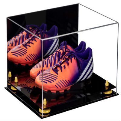 Better Display Cases Acrylic Shoe Pair Display Case for Soccer Cleats Football Cleats with Mirror, Yellow Risers and Black Base (A026/V12)