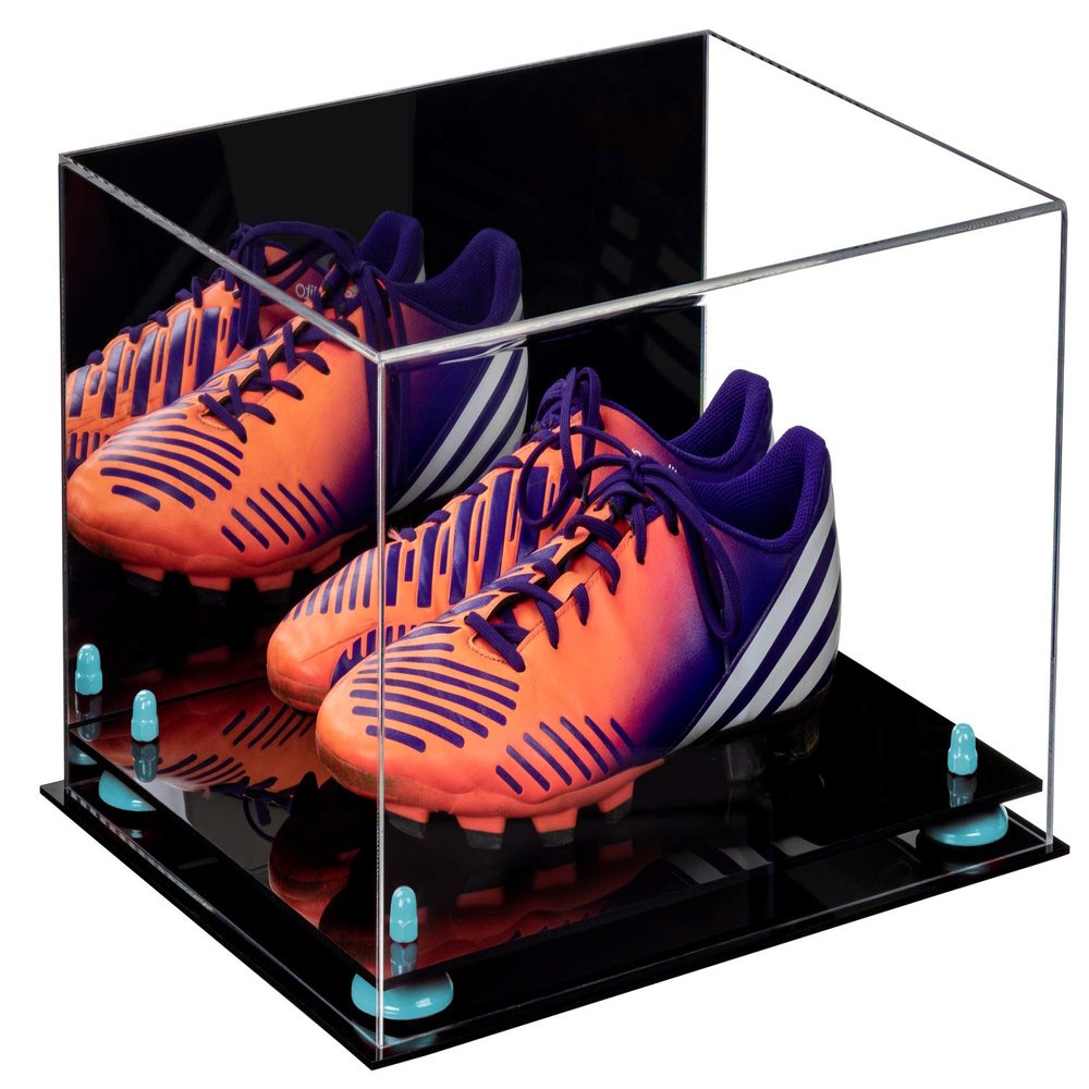 Better Display Cases Acrylic Shoe Pair Display Case for Soccer Cleats Football Cleats with Mirror, Light Blue Risers and Black Base (A026/V12)