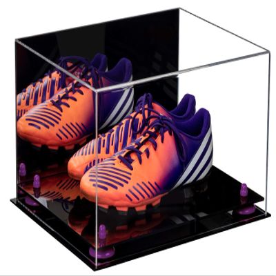 Better Display Cases Acrylic Shoe Pair Display Case for Soccer Cleats Football Cleats with Mirror, Purple Risers and Black Base (A026/V12)