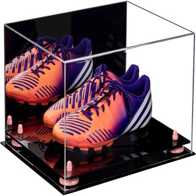 Better Display Cases Acrylic Shoe Pair Display Case for Soccer Cleats Football Cleats with Mirror, Pink Risers and Black Base (A026/V12)